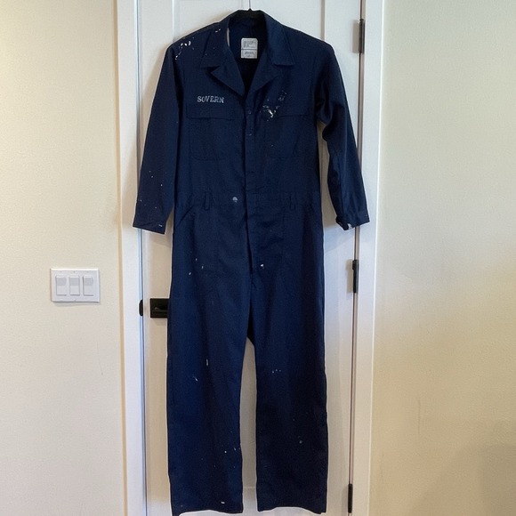 Vtg US Navy Coveralls Mens 44 R Blue Shipboard Utility Work Jumpsuit Pockets Bib - Picture 1 of 9